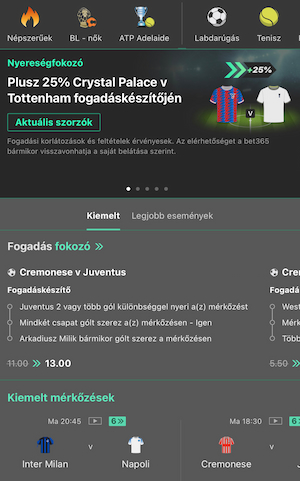 bet365 applikáció kezdőoldala