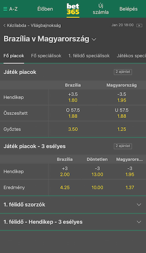 Fő piacok a brazil-magyar vb mérkőzésre a bet365-ön.