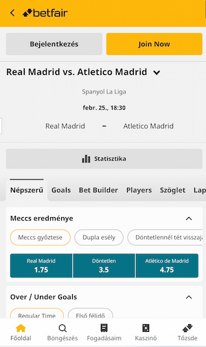 Betfair - Real Madrid - Atletico Madrid szorzók