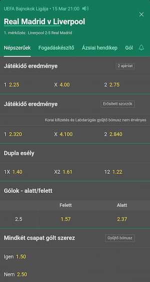 Real Madrid-Liverpool BL-nyolcaddöntő visszavágó; Bet365