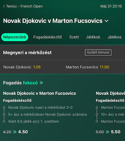 Fogadás a Djokovic-Fucsovics mérkőzésre a bet365 oldalán.
